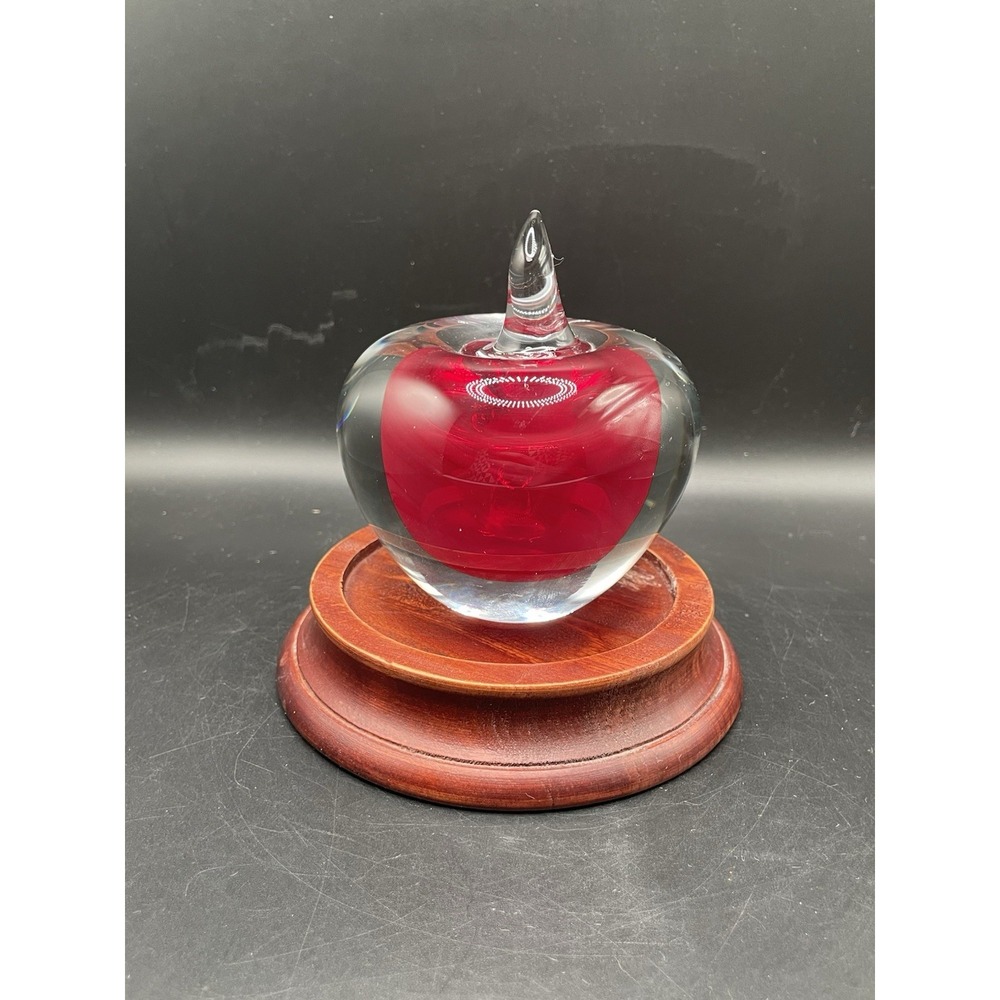 Vtg Art Glass Red Apple Fruit Sculpture Hand Blown Paperweight Clear 4" - Picture 5 of 9